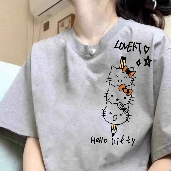 Summer Pure Cotton Gray Short-Sleeved American-Style Cartoon Pencil Cat Print T-Shirt for Women, Loose and Cute Niche Top