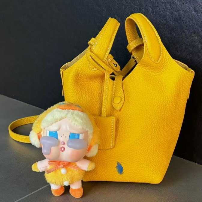 In-Stock Polo Basket Bag 2025 New Model Lychee Pattern Cowhide Bucket Bag Single Shoulder Crossbody Handbag Tote Women's Bag