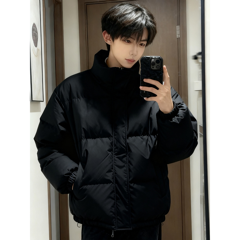 Cleanfit Black Lightweight down Cotton Jacket for Men, Winter Thickened Warm Puffer Jacket, American-Style Short Cotton Coat