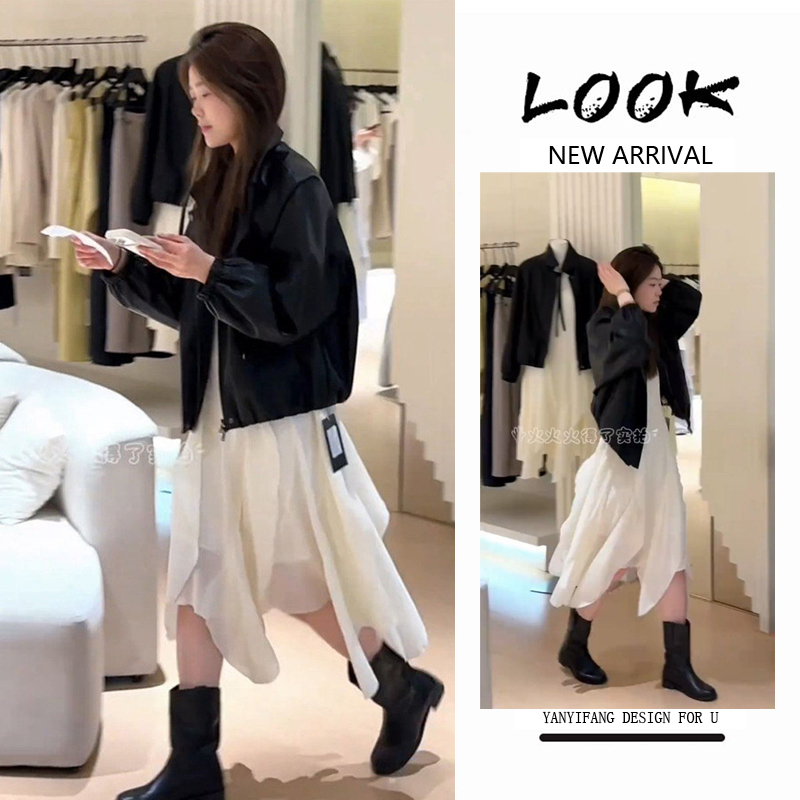 Spring and Summer New Korean Style Lapel Long-Sleeved Leather Jacket, Asymmetrical Dress, Unique, Beautiful and Stunning Small Suit for Women