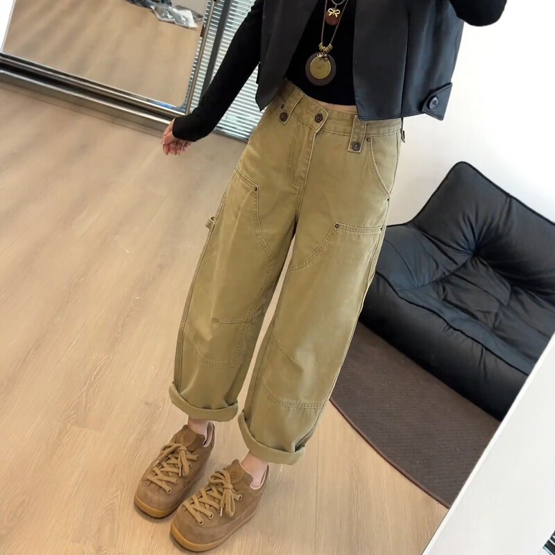 Khaki Slim-Fit Cropped Cargo Pants for Women, New Autumn Harem Pants for Petite Figures, Loose and Slimming Wide-Leg Balloon Pants Khaki Slim-Fit Cropped Cargo Pants for Women, New Autumn Harem Pants for Petite Figures, Loose and Slimming Wide-Leg Balloon Pants