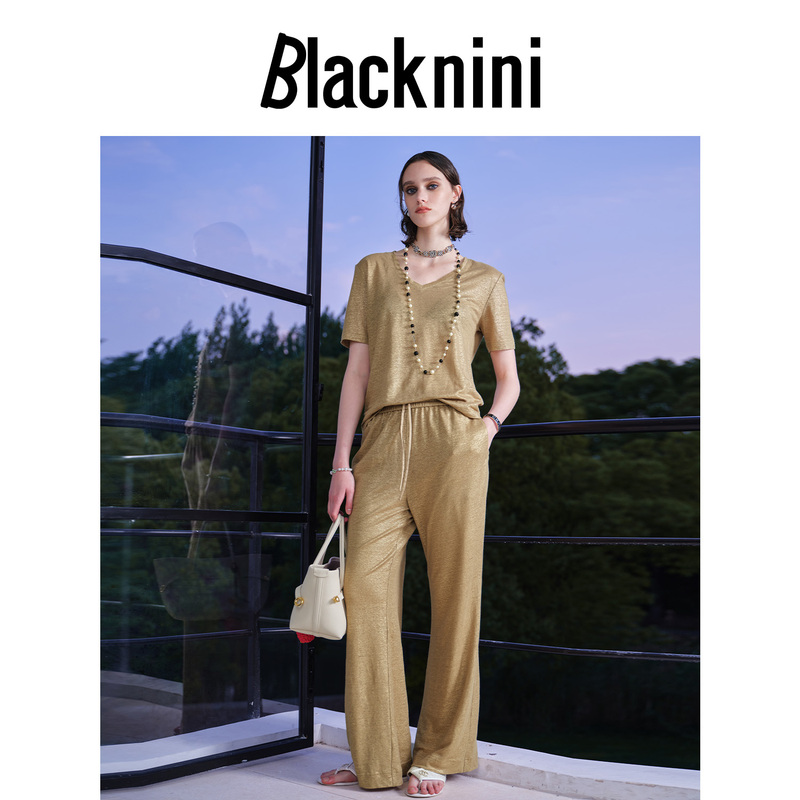 Blacknini (Three Colors) Fifth Anniversary "Floor Set" French Imported Linen Gold Foil Shimmer T-Shirt Vest Long Pants