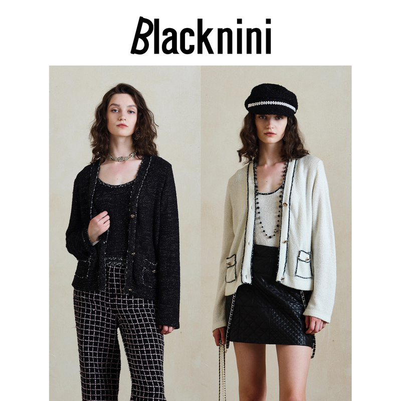 Blacknini Fine Shimmer V-Neck Thin Knit Cardigan Tweed-Style Jacket Top Black and White Vest Camisole Set Blacknini Fine Shimmer V-Neck Thin Knit Cardigan Tweed-Style Jacket Top Black and White Vest Camisole Set