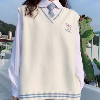 Two-piece suit for women in autumn new v-neck vest with shirt for women long-sleeved college style jk uniform sweater