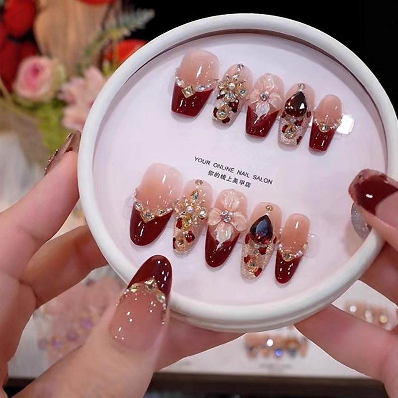 [Red Wine Glass] New Style Handmade Wearable Nails, Medium-Length Red French Zircon Phototherapy High-End Whitening Manicure