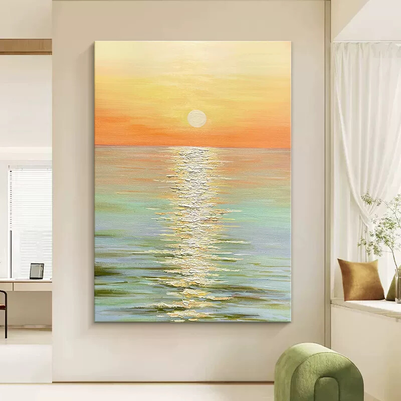Hand-Painted Oil Painting in Cream Style, Sunrise Scenery, Textured Wall Art for Living Room Entrance, Sea Landscape, Sunrise Decorative Painting Hand-Painted Oil Painting in Cream Style, Sunrise Scenery, Textured Wall Art for Living Room Entrance, Sea Landscape, Sunrise Decorative Painting