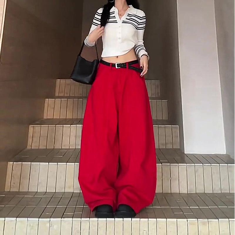 Plus-Size Red Wide-Leg Jeans for Women, 2025 Autumn New Style, Loose Fit, Slimming American Style Hot-Selling Curved Pants