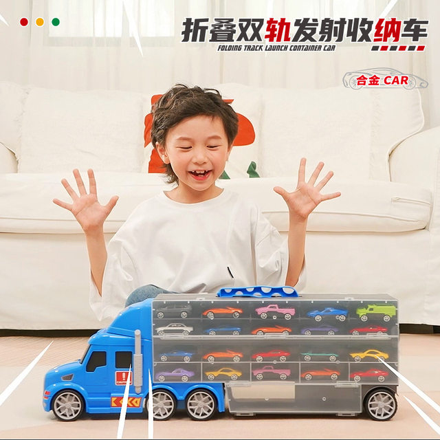 Children's Large Folding Catapult Container Truck, Transformable Big Truck with Storage, Double Track Car Toy for Boys