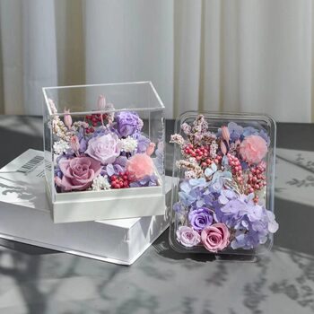 Acrylic Flower Box with Wooden Base, Rectangular Transparent Acrylic Box, Lid and Base Packaging Box, Storage Box