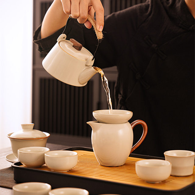 New Style Ru Kiln Kung Fu Tea Set for Home Use, Light Luxury High-End Ceramic Tea Pot, Tea Cups, Tea Tray, Complete Tea Set