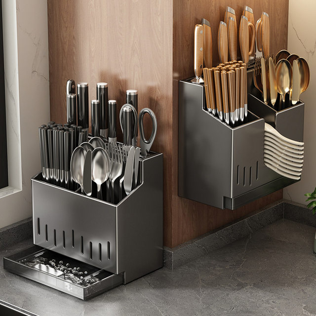 Stainless Steel Chopstick Storage Box, Integrated Knife Holder, Kitchen Storage Rack, Wall-Mounted Spoon Holder, Chopstick Cage