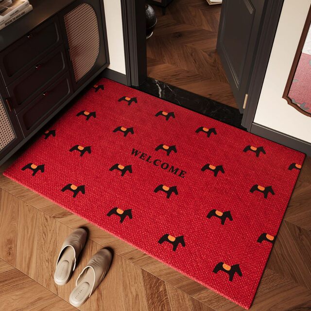 Red Year of the Horse Loop Pile Doormat, Stain-Resistant and Easy to Maintain, Entrance Mat, Outdoor Front Door Non-Slip Mat