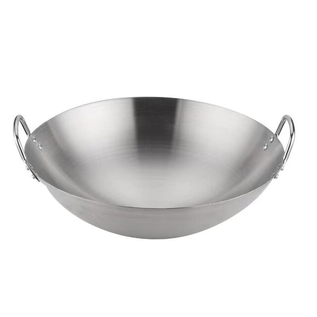 Stainless Steel Wok with Double Handles, Round Bottom Cookware, Wooden Handle, Single Handle Cooking Pot, Large Wok for Stir-Frying, Commercial Use, Rural Large Pot