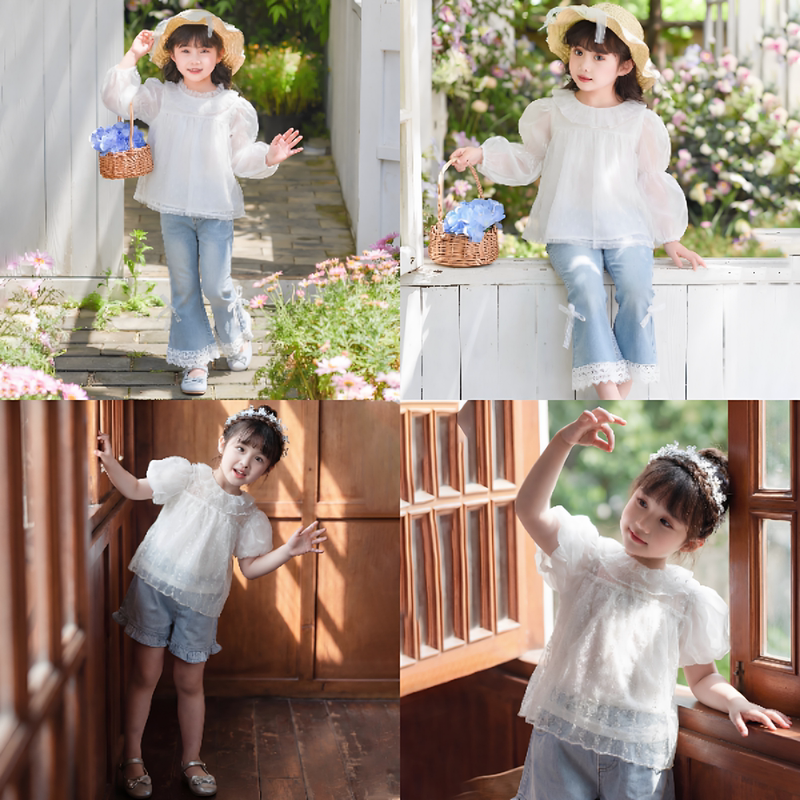 (Doudou) Girls' Short-Sleeved Lolita Lace Puff-Sleeve Mesh Base Shirt for Layering