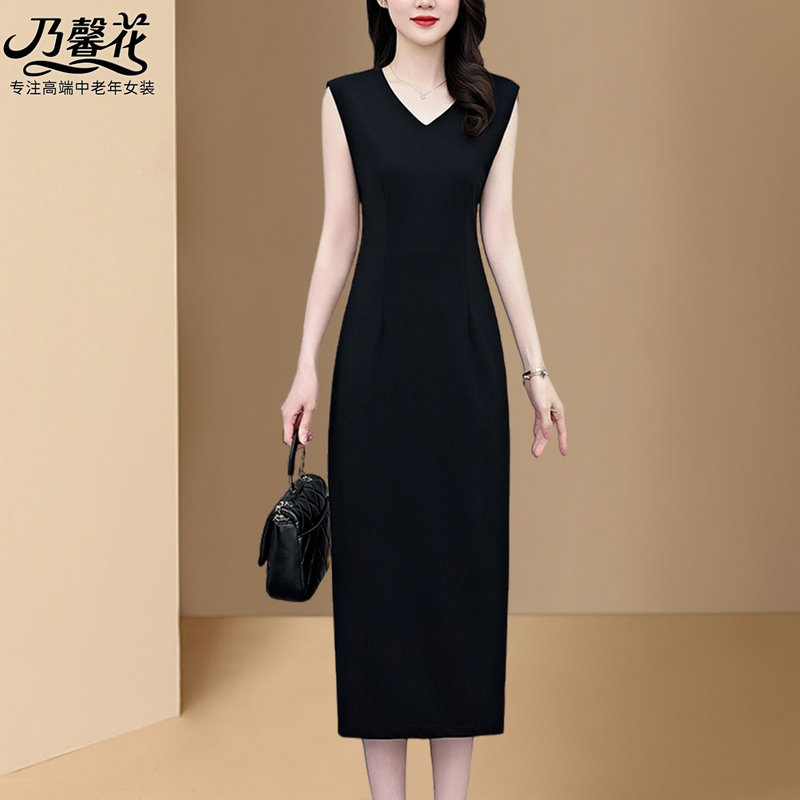 Summer Style Light Luxury Elegant Sleeveless V-Neck Black Dress for Middle-Aged and Elderly Mothers, Waist-Cinching Slimming Dress with a Sense of Style
