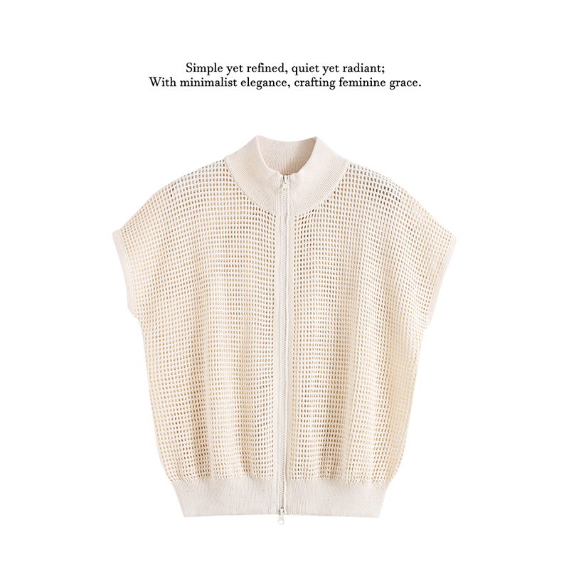 32325 Oatmeal Color Mesh Texture Stand Collar Double-Ended Zipper Loose Knit Cover-Up 0391