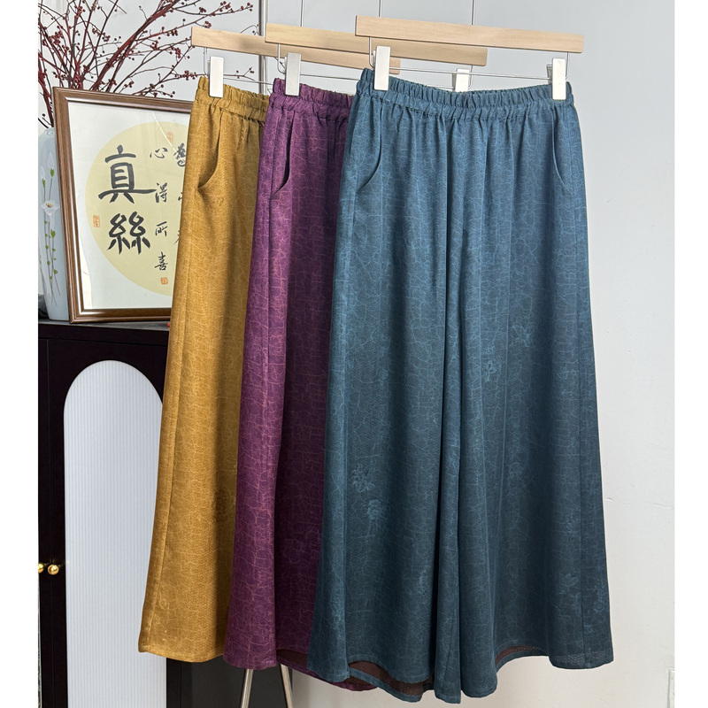 Yuehe Women's Clothing New Chinese Style 100% Mulberry Silk Slimming Wide-Leg Pants 2026 New Summer Collection