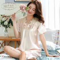 Sleepwear Women Summer Ice Silk Short Sleeves Two Suits Silk Korean Version Loose Grand Code Lace Sexier Seduces Summer
