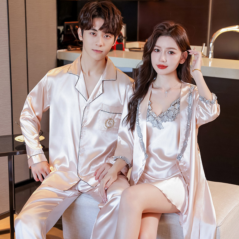 2 Sets Price Autumn Ice Silk Wedding Pajamas Newlywed Couple Set Silk Sexy Nightgown Two-Piece Set Women's Loungewear 2 Sets Price Autumn Ice Silk Wedding Pajamas Newlywed Couple Set Silk Sexy Nightgown Two-Piece Set Women's Loungewear