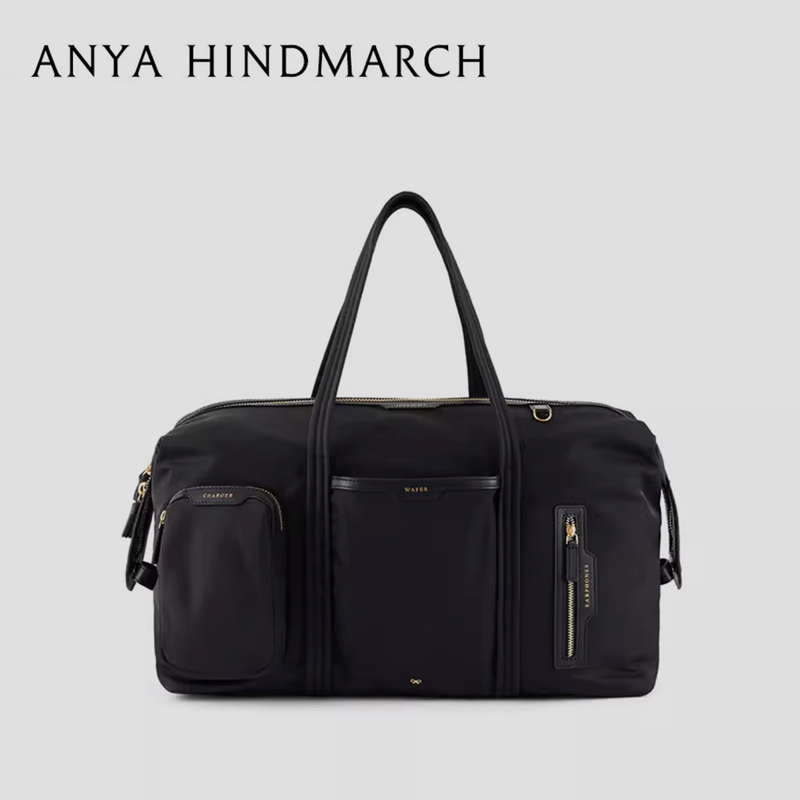 Directly Shipped from France, Anya Hindmarch Travel Large-Capacity Tote Bag, Nylon and Leather Handbag, Airplane Bag