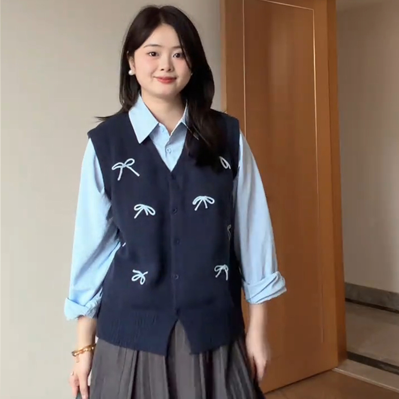 Рубашка большого размера, сшитый поддельный вязаный свитер из двух частей, женский внутренний топ, осенний высококачественный свитер в стиле колледжа с бантом