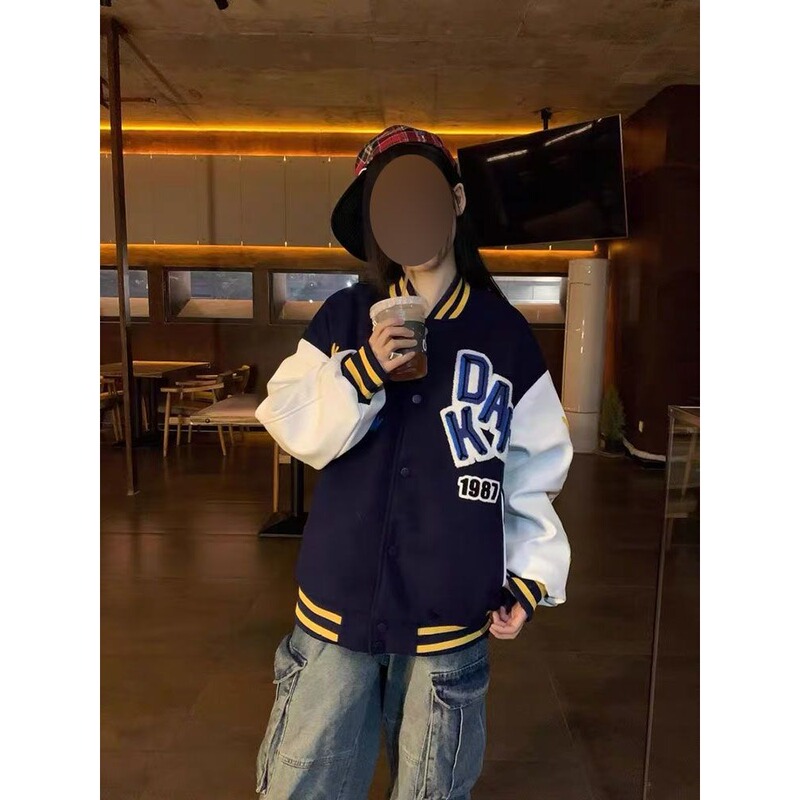 Trendy American Retro Color-Block Letter Embroidery Baseball Jacket Unisex Oversized Casual Style National Trend Outerwear
