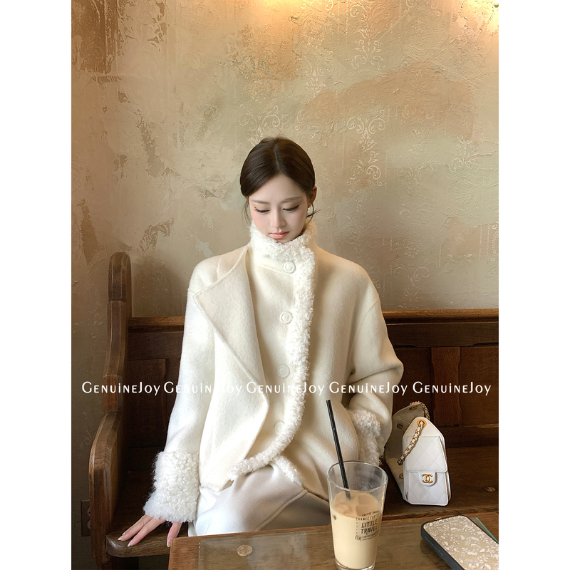 Genuinejoy Double-Sided Wool Patchwork Lamb Wool Short Coat for Women, Autumn and Winter Thickened Wool Coat