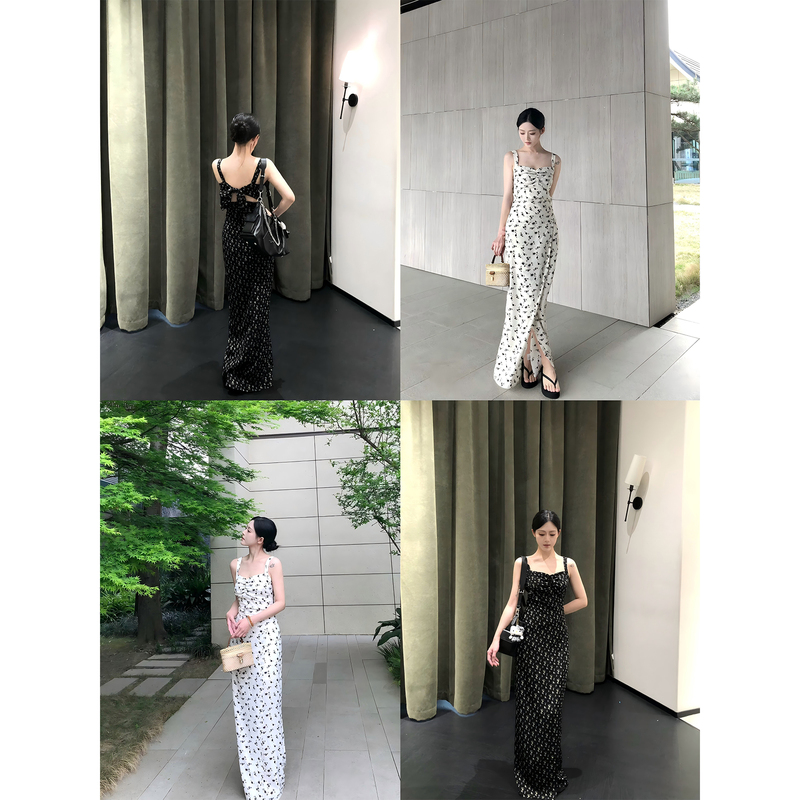 Genuinejoy嘉宜 清野漫花 Hollow-Out Lace-Up High-Waisted Ankle-Length Straight Long Dress with Straps