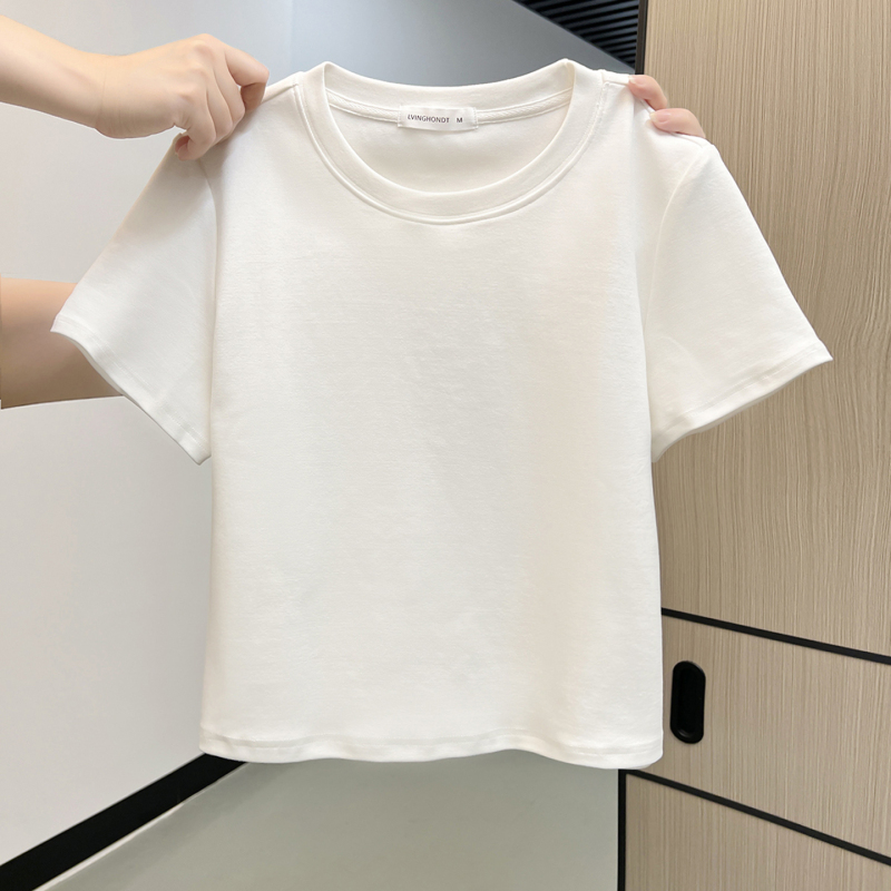 Korean Style Short White Brushed Short-Sleeve T-Shirt for Women, 2026 Early Autumn New Slim-Fit Versatile Thick Solid Color Top ins