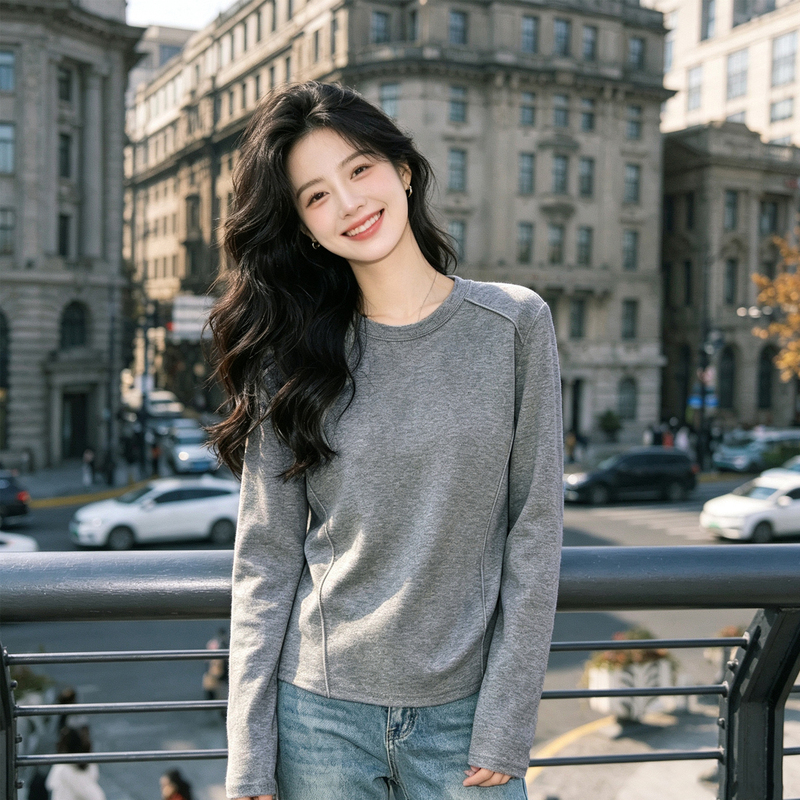 High-End Gray Long-Sleeved T-Shirt for Women, Autumn Round Neck, Loose Fit, Slimming, Versatile, Simple Fishbone Line Base Shirt Top
