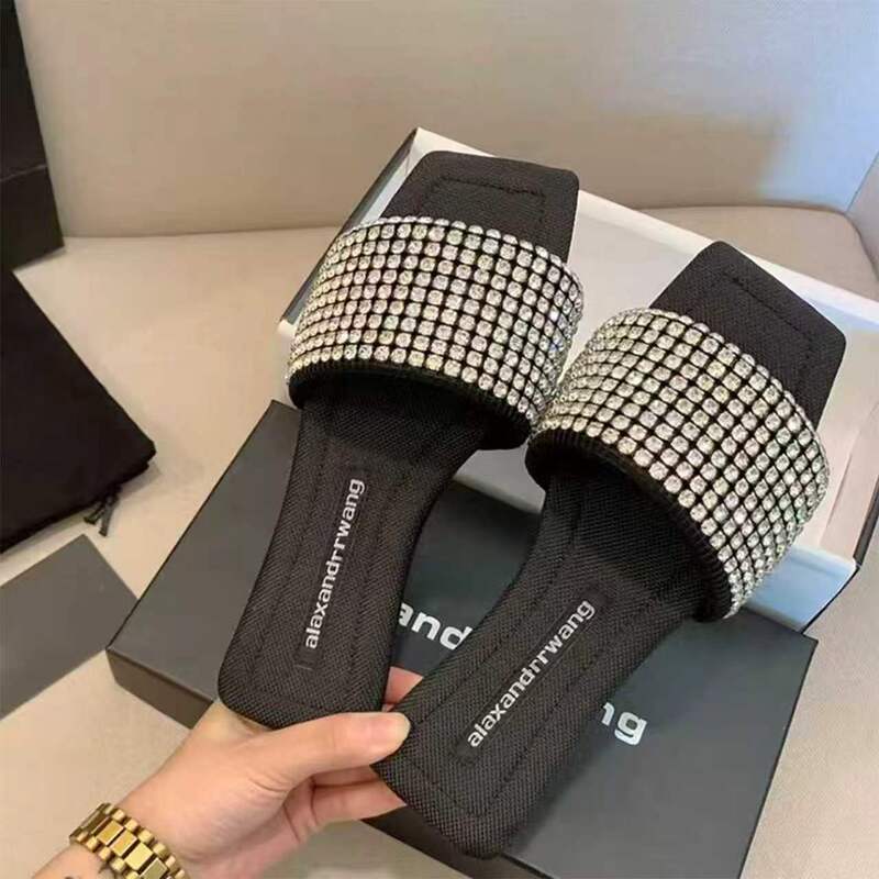 2026 Summer New Style Rhinestone Slippers for Women, Square-Toed Flat Black Single-Strap Genuine Leather Sandals for Women