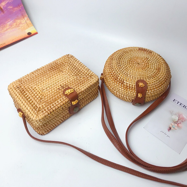 Vietnamese Rattan Bag, Indonesian Handmade Straw Bag, Single Shoulder Crossbody Bag, Vintage Square Bag, Straw Small Round Bag, Women's Bag