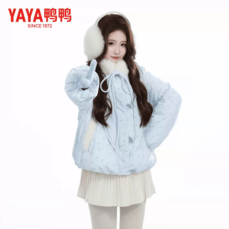 [Ice Cream Series] Duck Duck Sweet Cherry Floral Faux Fur Collar Puff Short down Jacket 2026 New Model