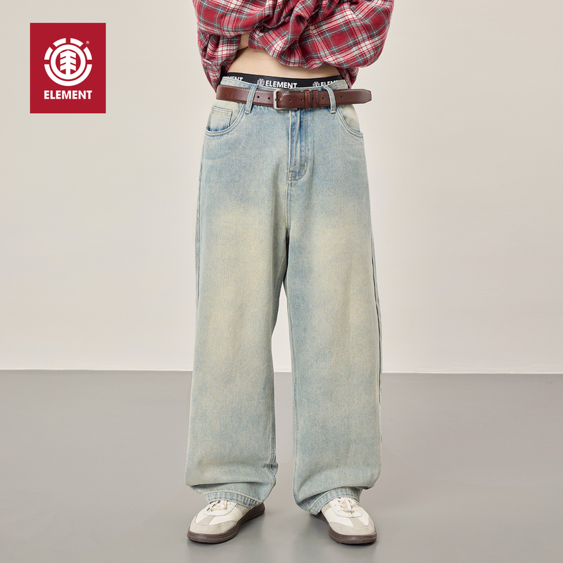 American Element Jeans for Men, Loose Retro Street Style, Washed and Distressed, Slightly Tapered Straight-Leg Pants for Women
