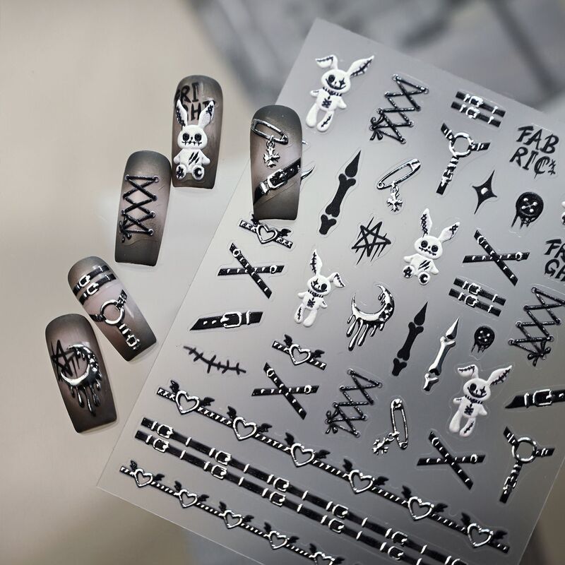 Gothic European and American New Dark Evil Bunny Nail Stickers Hot Girl Niche Strap DIY Nail Decoration with Adhesive Backing