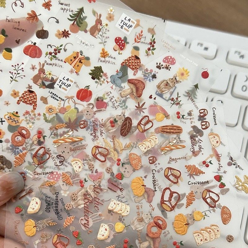 Autumn Style Maillard Picnic Bunny Nail Stickers Universal Retro Embossed Graffiti Forest Fairy Tale Adhesive Nail Art