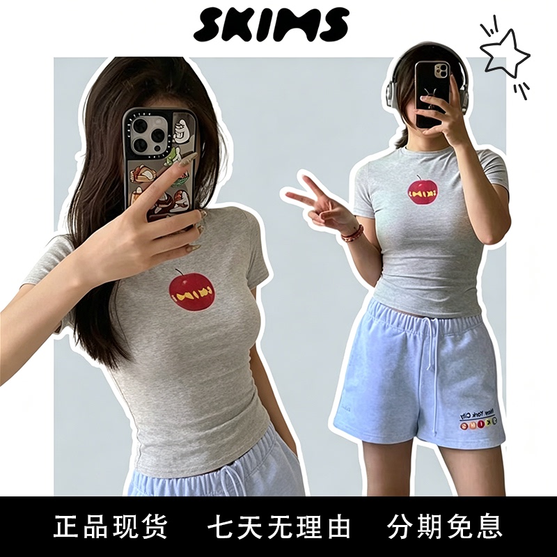 [in Stock in China] Skims Kardashian New York Limited Edition Series Apple Print Short-Sleeved T-Shirt Round Neck Slim Fit