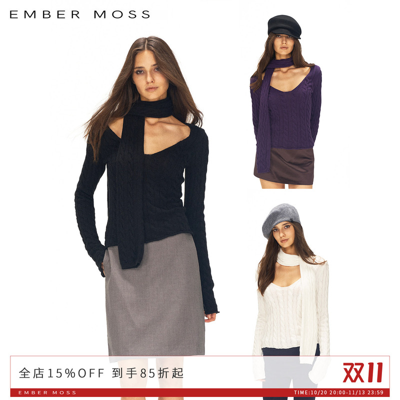 Ember Moss Soft Skin-Friendly Retro Double-Layered Hollow-Out Cable Knit V-Neck Rolled Edge Neck Warmer Knit Top for Women