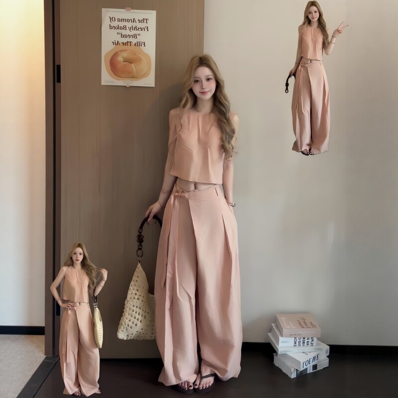 Trendy Summer Women's Sportswear Set, Slimming, Fashionable, Relaxed, Sleeveless Tank Top and Wide-Leg Pants, Casual Two-Piece Set