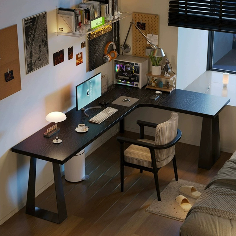 Solid Wood Corner Desk L-Shaped Computer Desk American-Style Home Student Writing Desk Wall-Mounted Black Office Desk Workbench