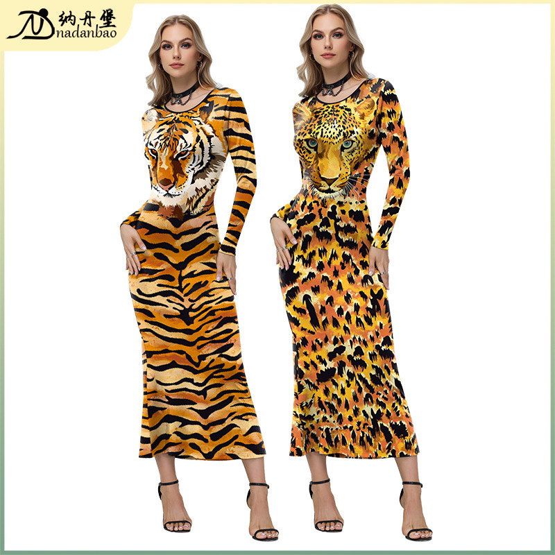 Spring and Autumn New Tiger Head Long Sleeve Dress Digital Printed Round Neck Long Dress for Women
