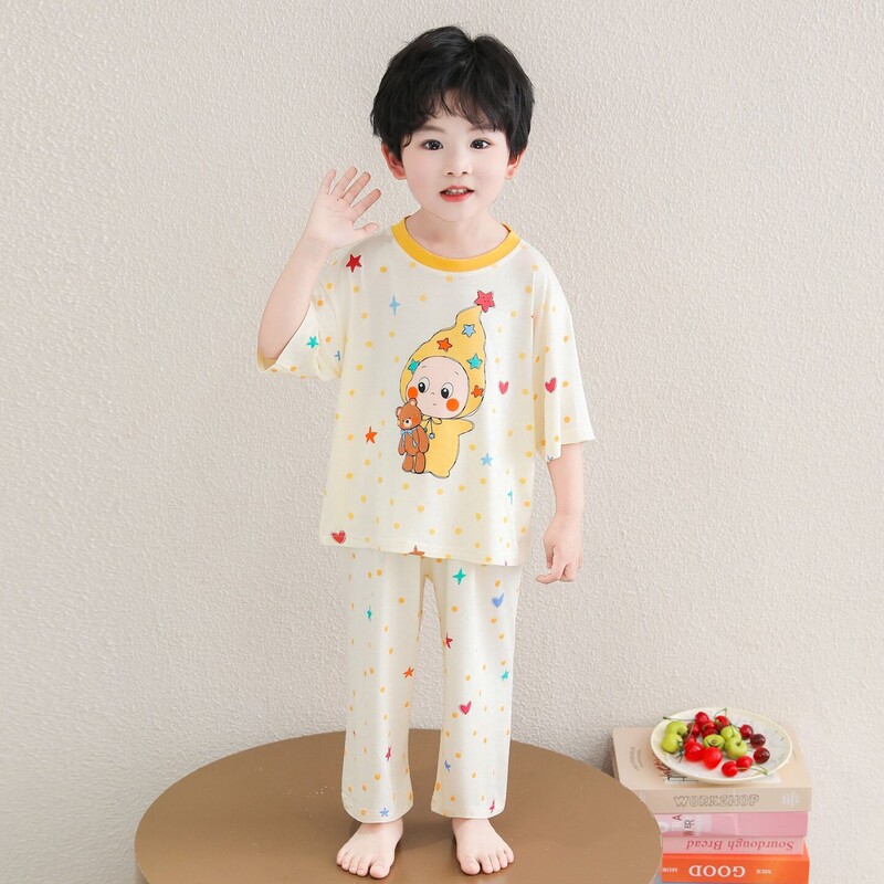 Children's Cartoon Modal Pajamas Summer Mid-Sleeve Long Pants Set Boys and Girls Star-Themed Loungewear Two-Piece Set