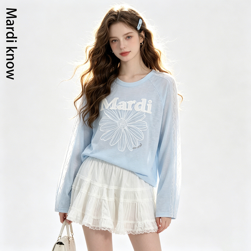 Mardi Know Thin Lace Round Neck Long-Sleeved T-Shirt 2026 New Summer Sweet and Fresh Sun Protection Top