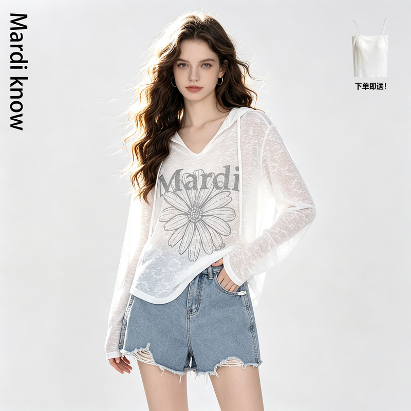 Mardi Know White Pure Desire Sweet Slightly See-Through Long-Sleeved T-Shirt for Women 2026 New Summer Sun Protection Hooded Top