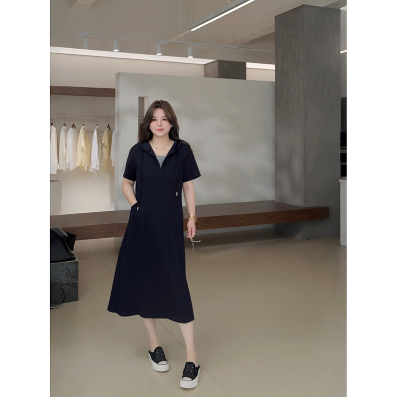 Jojo's Private Clothing | Textured Pique Pattern Plus-Size Dress Slimming Summer Hooded Waist-Cinching Dress Mk14794 Jojo's Private Clothing | Textured Pique Pattern Plus-Size Dress Slimming Summer Hooded Waist-Cinching Dress Mk14794