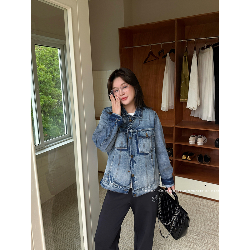 Jojo's Private Clothing |   Heavy-Duty Gradient Washed Vintage-Style Plus-Size Autumn Workwear Lapel Denim Jacket Mk15362