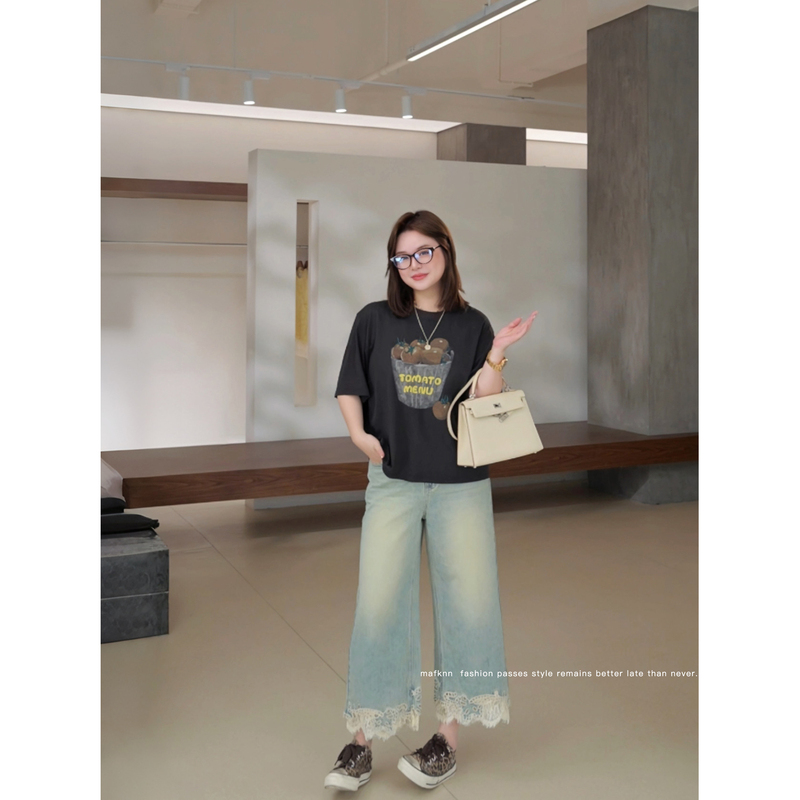 Jojo's Private Clothing | Yellow Mud Distressed Wash Process, Large Size Pants, Summer Lace Splicing Jeans Mk14910