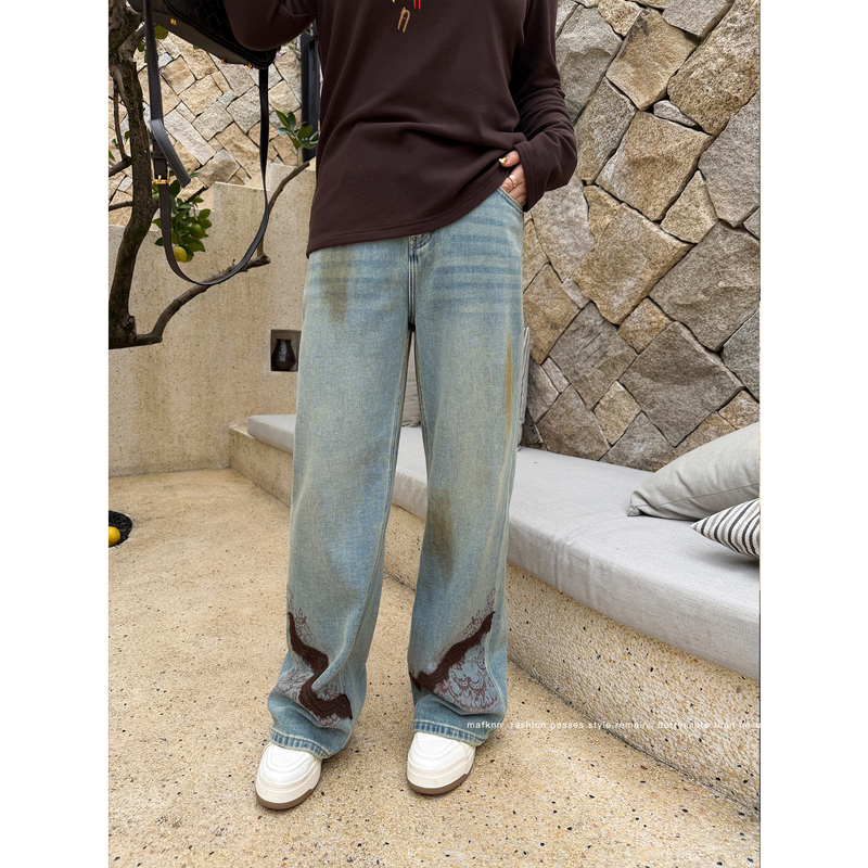 Qiaoqiao Private Collection｜Niche Designer Style Plus Size Pants Washed Lace Print Brushed Denim Jeans Mk15453