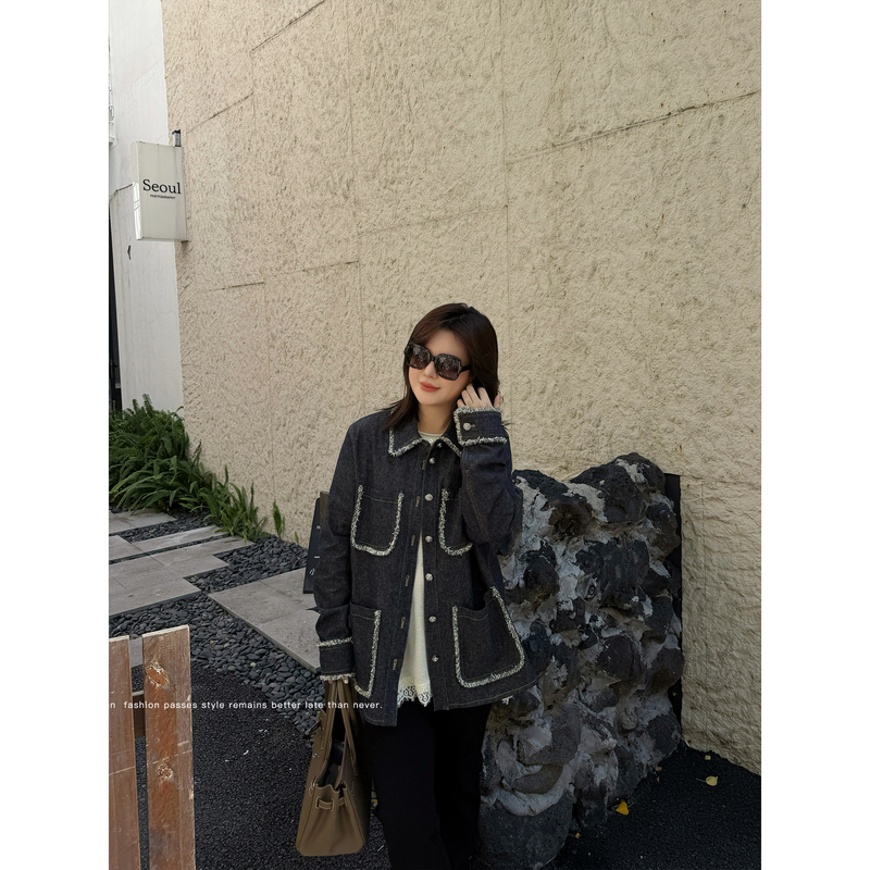 Jojo's Private Clothing |   Original Color Cotton and Linen Imitation Denim Plus-Size Autumn and Winter Lapel Shirt-Style Chanel-Style Jacket Mk15512