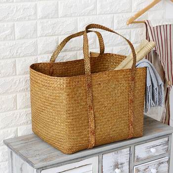 Grass-woven dirty laundry basket, miscellaneous toy storage basket, pastoral style laundry basket, bathroom large-sized dirty laundry basket, laundry basket